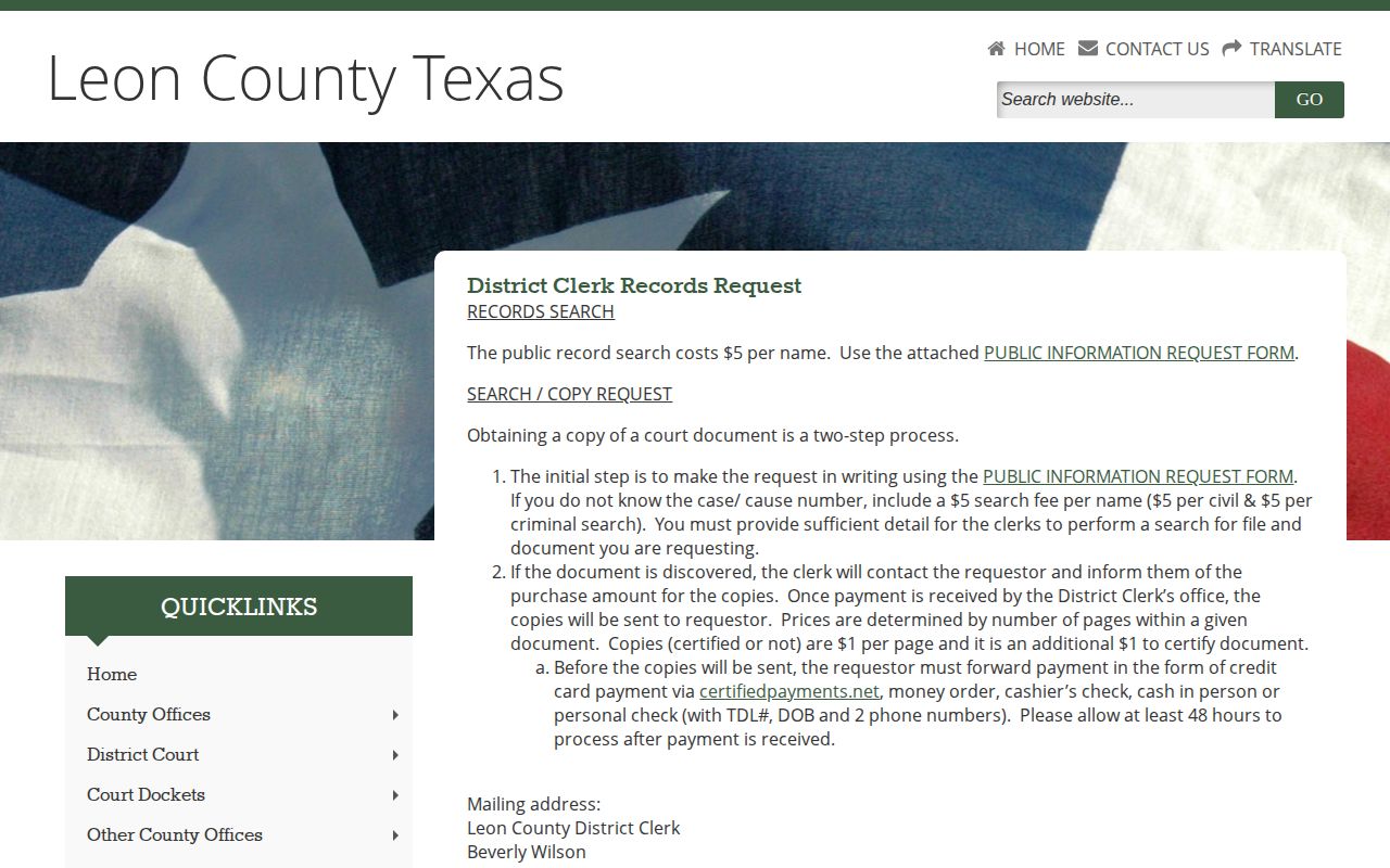 Leon County District Clerk records request information