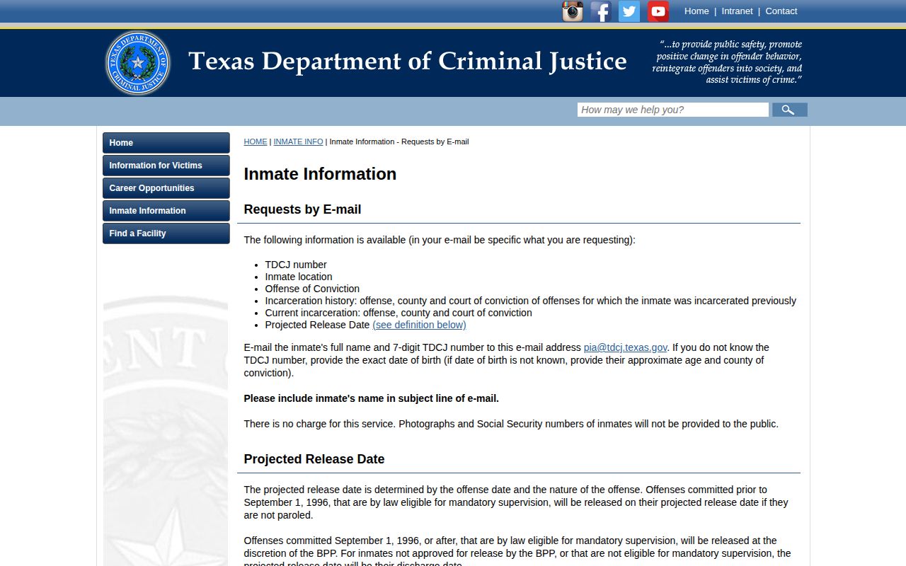 TDCJ projected release date explanation and email request route