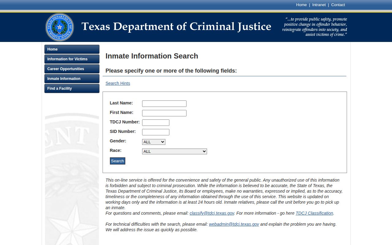 Texas Department of Criminal Justice current inmate search fields