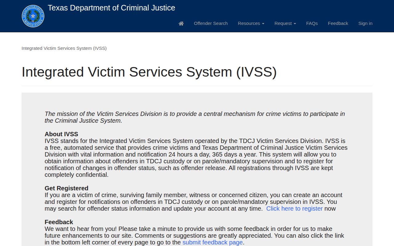 TDCJ IVSS state custody and parole notification portal